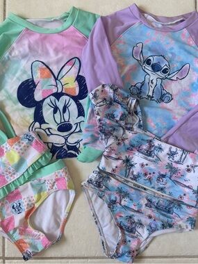 Disney Minnie Mouse Stitch 6 piece Bathing Suit Bundle Rash Guard Bikini size 4